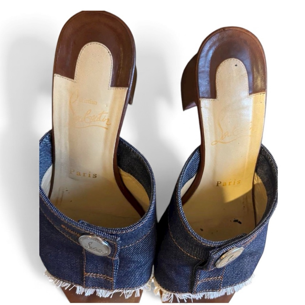 Christian Louboutin Denim Blue Open-Toe Wedge Sandals with Red Heel Accent - Picture 4 of 11